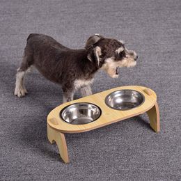 Feeding Cat Dog Raised Bowl For Cats Wood Elevated Stand Neck Care Food Water Bowls with Steel Bowls for Puppy Kitty Foot Dish Holder