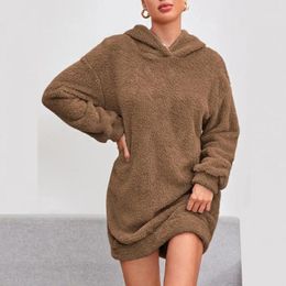 Casual Dresses Mini Dress Cosy Plush Hooded Women's Winter Soft Warm Stylish Above Knee Length Pullover For Fall Sweatshirt