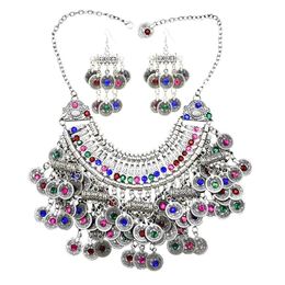 Wedding Jewellery Sets Afghan Silver Colour Coin Tassel Bib Statement Necklace Earring Sets for Women Turkish Gypsy Rhinestone Necklace Party Jewellery 231128