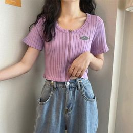Women's Knits & Tees Women Summer Short Sleeve Zipper Front Crop Top Crew Neck Ribbed Solid Color Cropped Cardigan Letters Label Casual Slim