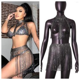 Work Dresses Glitter Tassel Skirt Two Piece Set Women Outfits Rhinestone Night Club Party Wear Rave Festival Sexy Lace Up Body Chain Suits