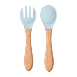Dinnerware Sets Silicone Wooden Spoon Fork Set Baby Feeding Training Gadgets Cutlery Supplies Tableware