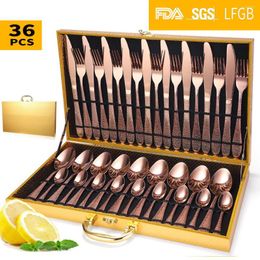 Dinnerware Sets HEYI Spoon Fork Set Stainless Steel Tableware Wooden Box Gift 36 Pieces Water Cubic Knife Products YSH