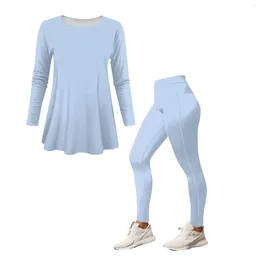 Women's Two Piece Pants 2 Gym Set Women Long Sleeve Tops Leggings Tracksuit Sports Fitness Suit Solid Color Workout Clothes Yoga Outfits