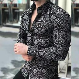 Men's Casual Shirts Men Lapel Collar Shirt Slim Fit Striped Dot Print Stylish Single-breasted Long Sleeve Workwear