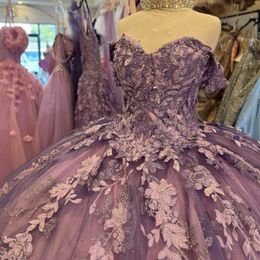 Purple Glitter Sweetheart Ball Gown Quinceanera Dresses Off The Shoulder Applique Lace Beading Corset Vestidos De 15 Anos