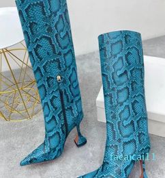 Knee Boots Booties Designer Shoes Factory Footwear Clear Cubic Heel Pointed Toes Side Zip PullOn Leather Outsole Amina