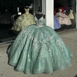 Light Green Shiny Quinceanera Dress Ball Gown Off The Shoulder Applique Lace Beads Corset Pageant Sweet 16 Party Vestidos De XV 15 Anos