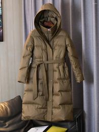 Women's Trench Coats 2023 Winter Women 90% White Duck Down Long Jacket With Belt Female Thick Warm Coat Luxury Slim Parka Hooded Outwear