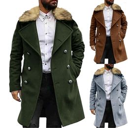 Men's Wool Winter Men Fur Long Woollen Coat Straight Lapel Button Pocket Solid Black Fashion Oversize Office Casual Warm Outwear Tops