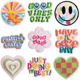 JUST DOING MY BEST Iron on Patches Smile Face Flower Embroidered Patch Sew on Applique for Clothing Jacket Jeans Backpack