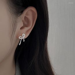 Stud Earrings PANJBJ 925 Sterling Silver Niche Design Ribbon Bow Fairy Girl Korean Net Red Flash Diamond Jewellery
