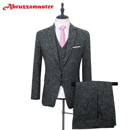 Men's Suits & Blazers Abruzzomaster Textured Man Suit Black Jacket For Groom Tuxedos Tweed 3 Pieces Wedding Tailor Coat