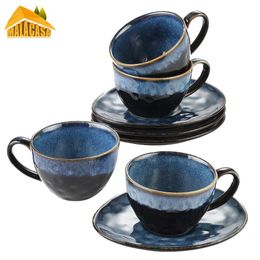 Tools VANCASSO Starry Blue Ceramic Coffee Cup and Saucer Set Blue Kiln Change Glaze Afternoon Tea Cup Saucer Service for 4 Person