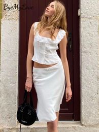Two Piece Dress ByeMyLove White Two Pieces Sets Women Summer Skirts Outfits Lace Ruffle Tank Top And Knee Length Skirts Streetwear Matching Sets 230428