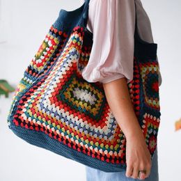 Bags Chequered Colourful Crochet Bag Granny Square White Navy Bag With Boho Style Summer Beach Big Bag Cute Purse Unique Handbags