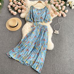 Two Piece Dress Women Summer Bohemian Print Set Elastic Ruched Puff Sleeve Short TopsHigh Waist Pleated Long Skirt Two Piece Suits 230428