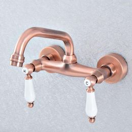 Kitchen Faucets Antique Red Copper Wall Mounted Bathroom Basin Sink Swivel Faucet Mixer Tap Double Ceramic Handle Lsf900