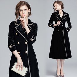 Women's Trench Coats Lautaro Spring Autumn Long Black Velvet Coat for Women with Gold Trim Sashes Double Breasted Luxury Designer Fashion 230411