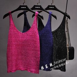 Tanks Cakucool Sexy Sequins V neck Knit Tank top camis Slim Basic All Match Camisole Korea solid pink Sleeveless Shirt summer clothes