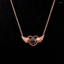 Chains Stainless Steel Rose Gold& 100 Languages I Love You Projection Heart Pendant Necklace Romantic Angel Wing Wedding