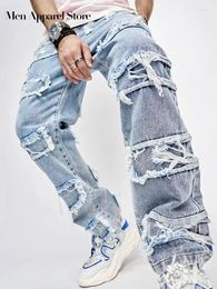 Men's Jeans Solid Striped Tassels Vintage Pants Men Harajuku Hip Hop Zipper Denim Trousers Autumn 2023 Fashion Casual Clothing