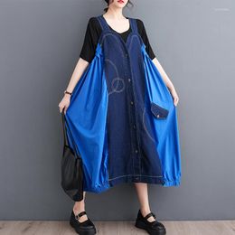 Casual Dresses 2023 Korea Style Sleeveless Patchwork Loose Spring Summer Denim Straps Dress Fashion Women Lady Work