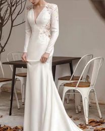 Elegant Mermaid Wedding Dress 2024 V-neck Long Sleeves Lace Appliques Satin Bridal Formal Gowns Customed Vestidos De Novia Robe De Mariage