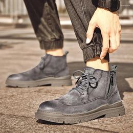 Boots Ankle Warm Winter Cowboy Leather Men Comfort High Top Shoes Outdoor Anti-slip Wearable Shoe Travel Side Zipper