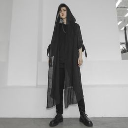 Men's Casual Shirts Men's Gothic Long Coat Dark Black Cardigan Spring Summer Jacket Translucent Linen Cloak Thin Windbreaker 2023