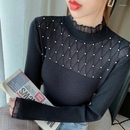 Women's Sweaters Autumn Winter Sweet Women Sweater Slim Fit Half High Collar Pullovers Tops Beaded Knitted Shirt