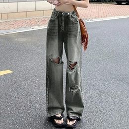 Women's Jeans Vintage Ripped Women Slimming High Waist Straight Loose Street Fashion Denim Wide Leg Trousers