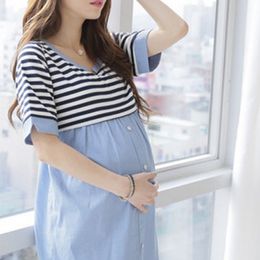 Maternity Dresses Maternity Pregnant Woman Dress Patchwork O-neck Collar Stripe Maternity Clothes Short Sleeve Pregnancy Fashion Leisure Dress 230428