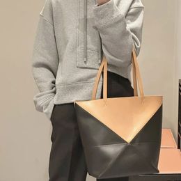 Genuine Leather Totes Fashion Geometry Handbag Foldable Portable Shopping Bag