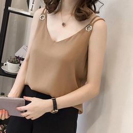 Women's Blouses Ice Silk Women Tops Woman Satin Shirts Sexy V-Neck Causal Loose Chiffon Blouse Solid Colour Blusas