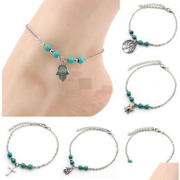 Anklets 6 Styles Bohemian Turquoise Anklets Women Beach Foot Chains Cross Tree Turtles Conch Fatimas Hand Anklet For Ladies Fashion Je Dhzko