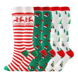 Sports Socks Mens Compression Men Knee High/Long Christmas Cap Tree Deer Striped Printed Sport Cycling