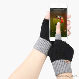 Children's Mittens Men Wool Half Finger Warm Knit Glove Winter Plus Thick Elastic Fingerless Touch Screen Outdoor Cycling Driving Mittens R231128