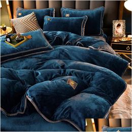 Bedding Sets Solid Colour Double Sided Warm Plus Veet Quilt Er Flannel Bed Milk Four Piece Thickened Winter Coral Fleece Sheets Drop Dhml8