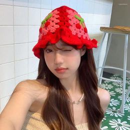 Berets Cherry Crochet Bucket Hat Women Spring Autumn Handmade Knitted Cute Beanies Cap Vacation INS Korean Panama