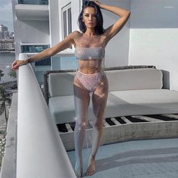 Work Dresses Shiny Rhinestones See Through Women Two 2 Piece Set O Neck Sleeveless Crop Tops Grid Side Slit Skirt Summer Beach Pcs Outfits