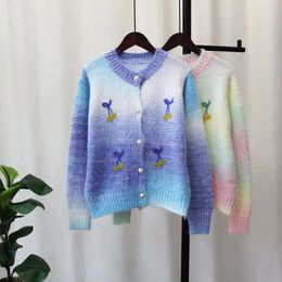 Women's Knits Cherry Embroidery Knit Tie Dye Cute Gradient Long Sleeve Button Cardigans Sweater Coat Autumn Winter Women Fashion Korean