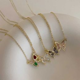 Pendant Necklaces Dome Cameras ALLNEWME Dainty Shiny Candy Colour CZ Cubic Zircon Butterfly Pendant Necklaces Gold Chain Wings Choker Necklace for Women AA230428