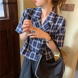 Women's Blouses Shirts Blouses Shirts Women Plaid Crop Top Vintage Korean Style Sweet Notched Ins Fashion Slender Leisure Chic All-match Summer Loose 230428