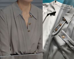 Spring Summer Grey Solid Colour Silk Blouse Shirt Long Sleeve V-Neck Single-Breasted Top Shirts H3F27MGZZ