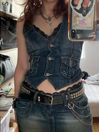 Vests Y2k Denim Crop Jacket Racerback Vest Grunge Waistcoat Pockets Streetwear Women Sleeveless Button Vintage Corsetier Tops