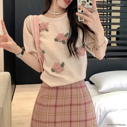 Women's Sweaters Korean Simple Cashmere Knitted Sweater Women Cute Three-dimensional Flowers O Neck Short Tops Summer Sleeve Pullovers