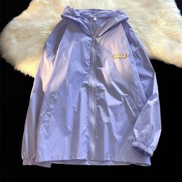 Women's Jackets Deeptown Purple Harajuku Sun-proof Jacket Women Windbreaker Oversize Outwear Hooded Korean Fashion Coat White Green Summer