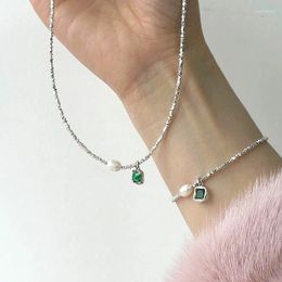 Chains 925 Sterling Silver Emerald Green Pearl Necklace For Women Versatile Collar Chain Pendant Fine Jewellery Cute Accessories