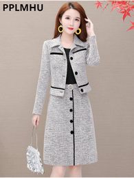 Work Dresses Office Plaid 2 Piece Dress Sets Spring Fall Elegant Long Sleeve Cropped Jacket Slim Ol Lapel Suits Oversize 4xl Vestidos